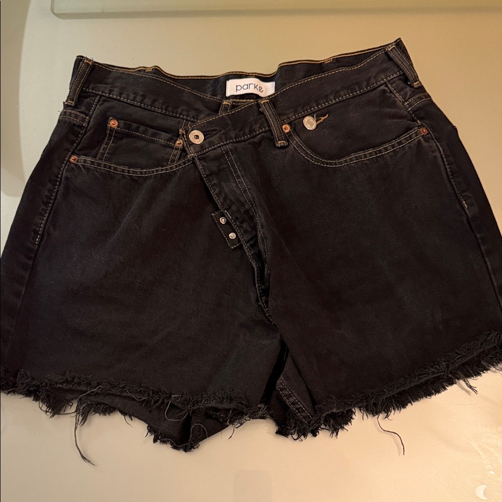 Parke Women's Distressed Black asymmetrical closure denim frayed Shorts - Sz.XL